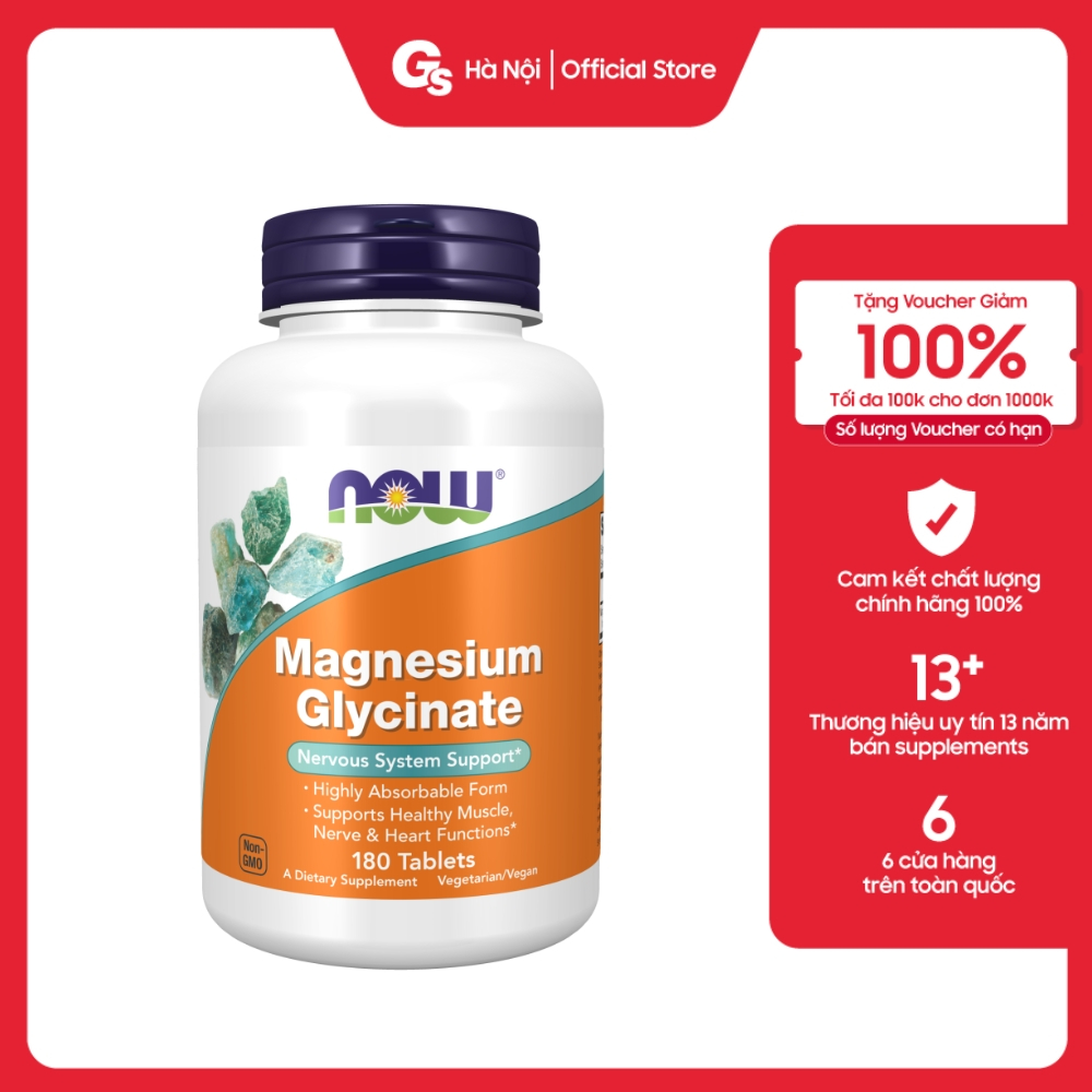 Viên uống Now Magnesium Glycinate (Mỹ) bổ sung magie hữu cơ giảm stress, cải thiện giấc ngủ Gymstore