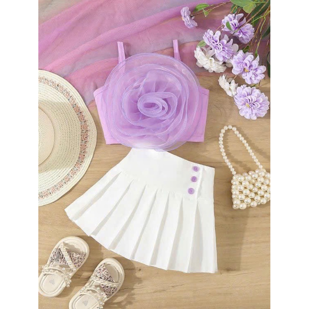Set Áo Croptop Hoa 3D & Chân Váy Xếp Ly Thời Trang Cho Bé Gái