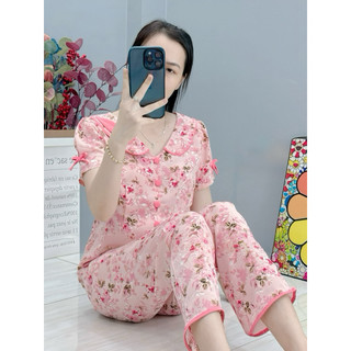 Đồ Bộ Mango Dài Cao Cấp – Họa Tiết Hoa, Cổ Thêu Viền Xinh