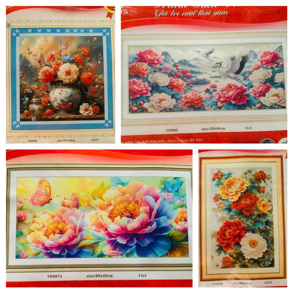 Tranh Hà Đoàn - Tranh Thêu Chữ Thập Hoa Mẫu Đơn Bình Hoa VS8946 VS8345 VS8874 VS8339 Chất Lượng Cao 