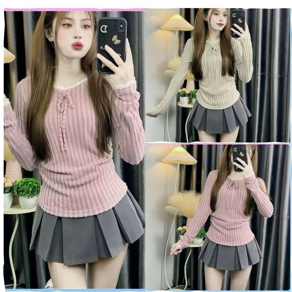 Áo thun nữ tay dài phối ren cổ dây thắt nơ vải đũi lông thỏ phong cách Hàn quốc NA105 TASK ABOUT