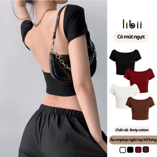  Áo Croptop Tay Ngắn Hở Lưng Cổ Thuyền Có Mút Ngực Freesize Libii Store 