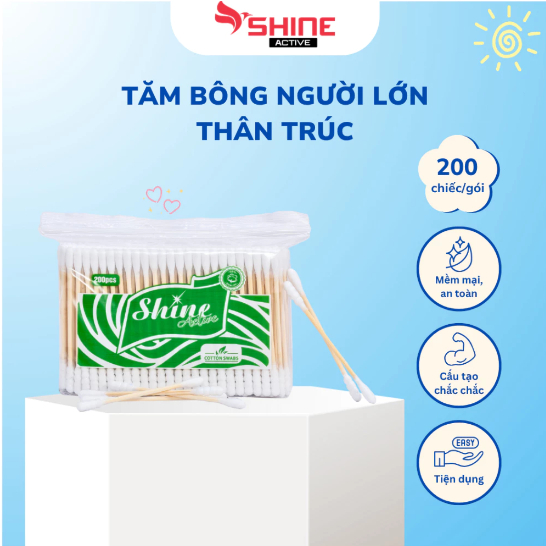 Gói 200 Tăm Bông Ngoáy Tai Thân Trúc Shine Active, Thiết Kế Hai Đầu Thông Minh, Không Gây Tổn Thương