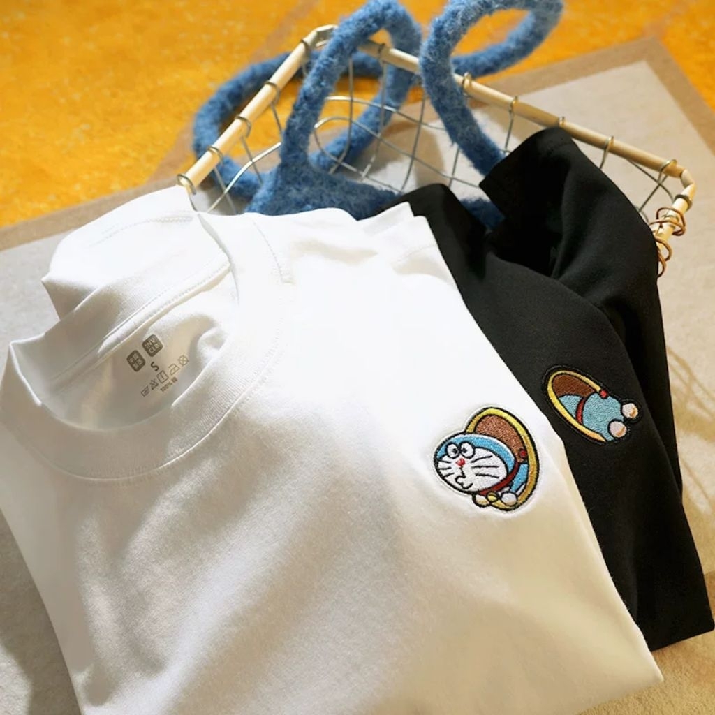 Áo thun tay lỡ form Boxy thêu Doramon cotton 100%, áo phông HLF
