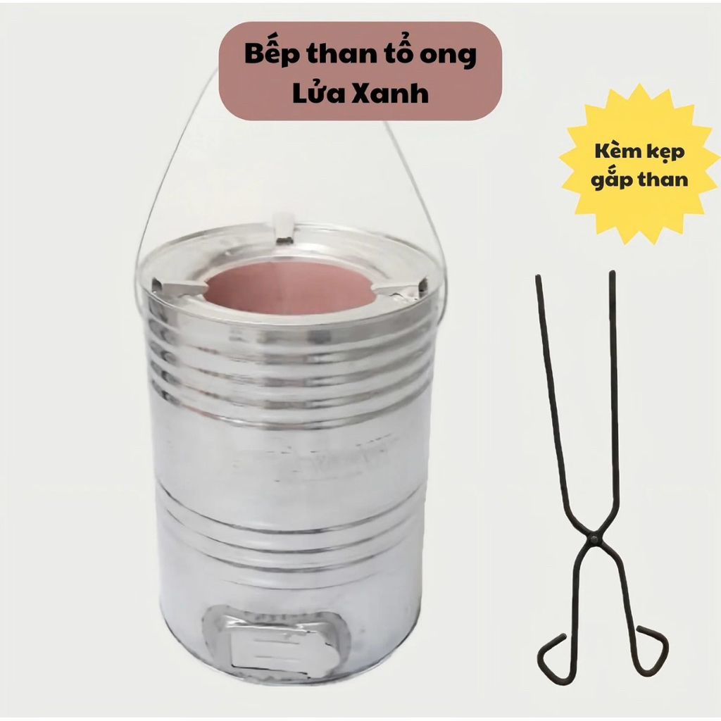 (Chỉ Giao Miền Bắc ) Bếp Than Tổ Ong 2 Viên Lửa Xanh, Kèm Kẹp Gắp, Vỏ Inox, Có Quai Cầm, Hàng Việt N