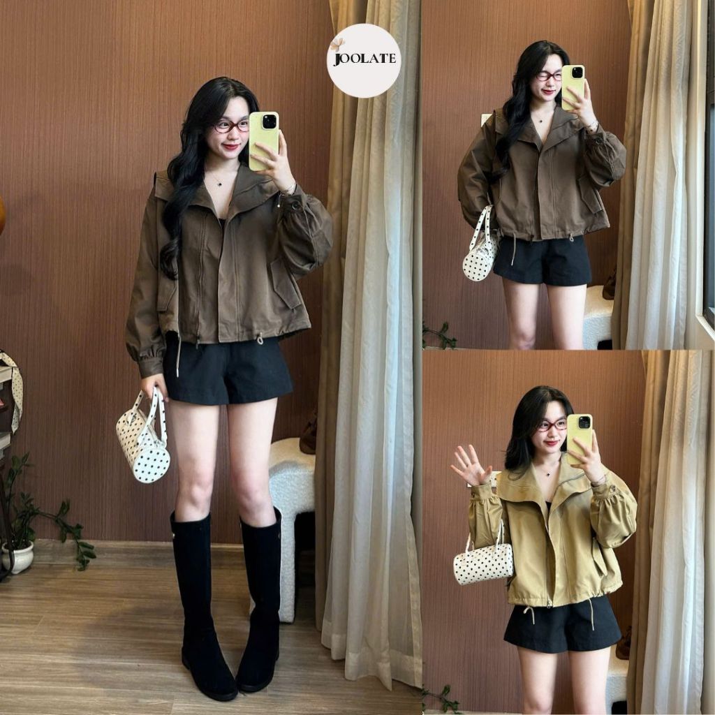 Áo Khoác Bomber Kaki Nữ Joolate Trơn 2 Lớp Cổ Bẻ Vạt To Form Rộng Màu Nâu Unisex Phong Cách Hàn Quốc