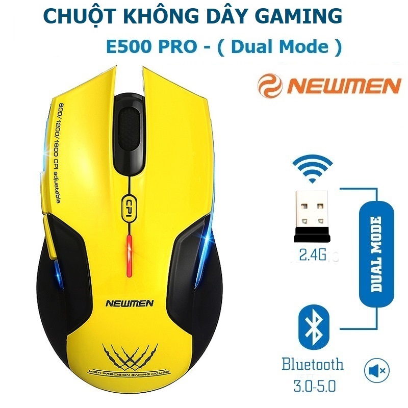 Chuột không dây và Bluetooth Newmen E500 Pro Dual Mode Gaming đa chế độ kết nối 2.4Ghz, 4000DPI, côn