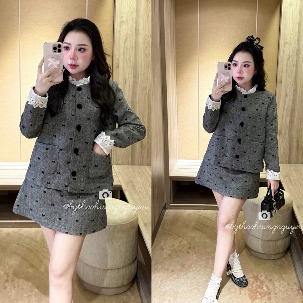 [S2.4224] Set Dạ Len Nơ Áo Khoác Phối Cổ Ren Túi Bên Mix Chân Váy Chữ A Hàng 2 Lớp Dày Dặn