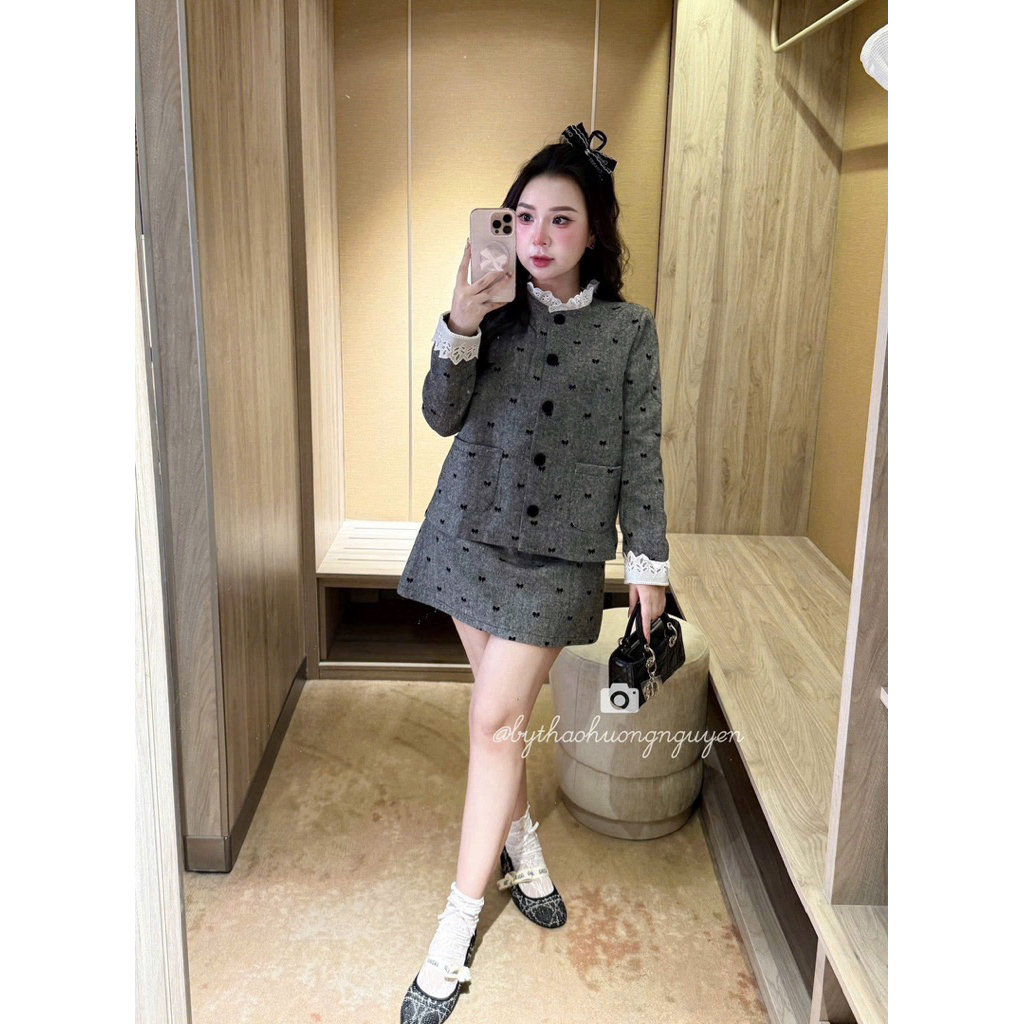 [S2.4224] Set Dạ Len Nơ Áo Khoác Phối Cổ Ren Túi Bên Mix Chân Váy Chữ A Hàng 2 Lớp Dày Dặn | BigBuy360 - bigbuy360.vn