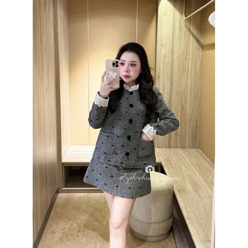 [S2.4224] Set Dạ Len Nơ Áo Khoác Phối Cổ Ren Túi Bên Mix Chân Váy Chữ A Hàng 2 Lớp Dày Dặn | BigBuy360 - bigbuy360.vn