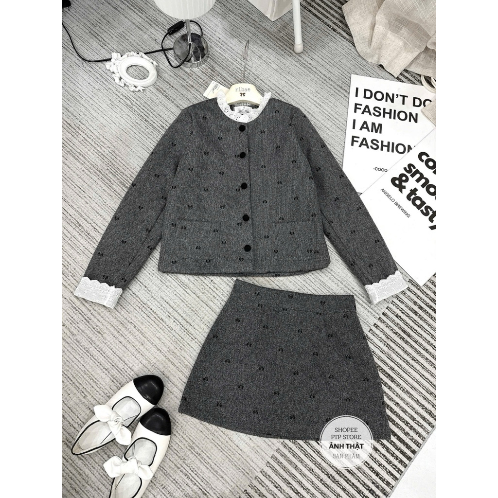 [S2.4224] Set Dạ Len Nơ Áo Khoác Phối Cổ Ren Túi Bên Mix Chân Váy Chữ A Hàng 2 Lớp Dày Dặn | BigBuy360 - bigbuy360.vn