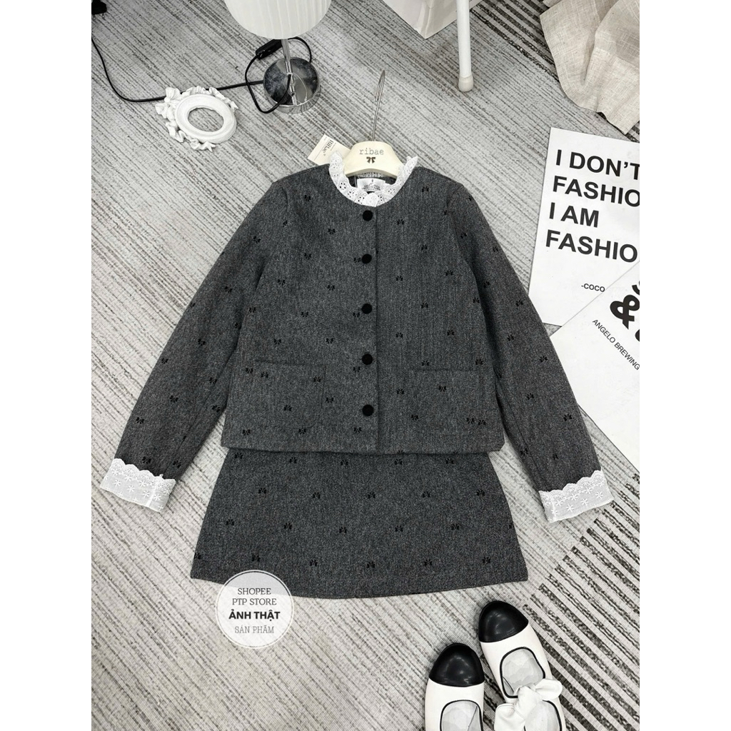[S2.4224] Set Dạ Len Nơ Áo Khoác Phối Cổ Ren Túi Bên Mix Chân Váy Chữ A Hàng 2 Lớp Dày Dặn | BigBuy360 - bigbuy360.vn