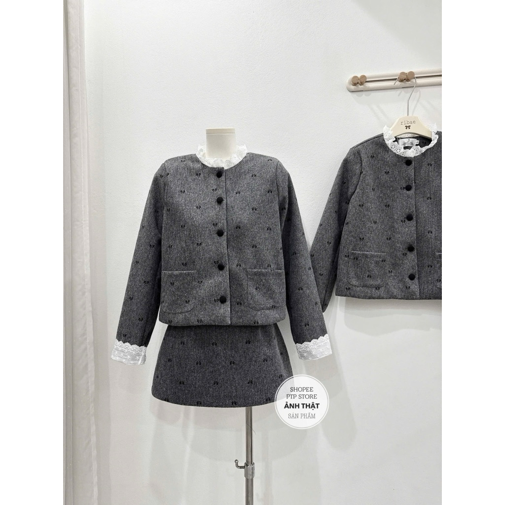 [S2.4224] Set Dạ Len Nơ Áo Khoác Phối Cổ Ren Túi Bên Mix Chân Váy Chữ A Hàng 2 Lớp Dày Dặn | BigBuy360 - bigbuy360.vn