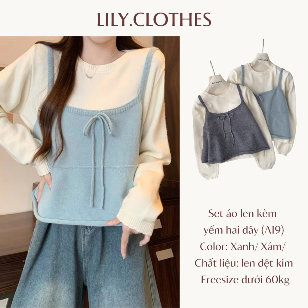 Lily.clothes- Set áo len cổ tròn kèm yếm hai dây thắt nơ hàng QC (A19)