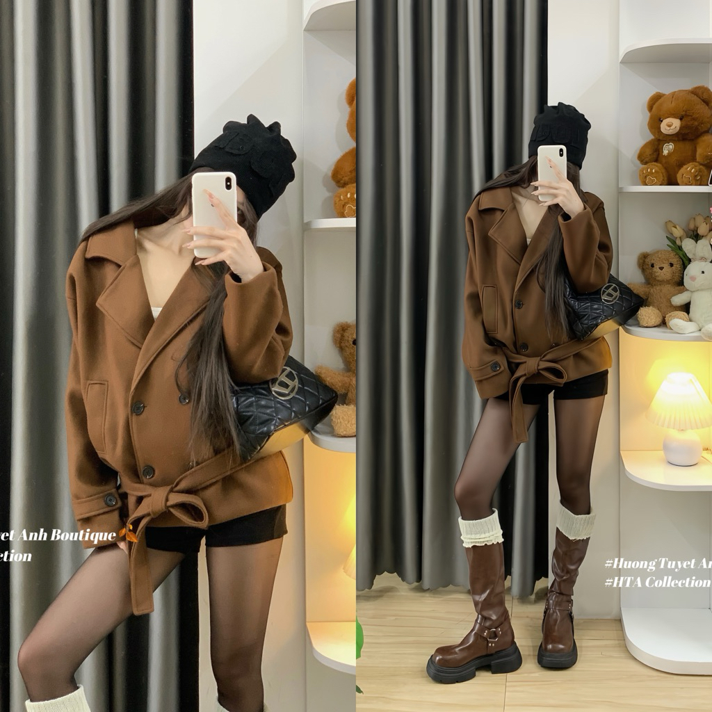 | Hta.boutique |  Áo khoác mangto dạ dáng ngắn kèm đai thắt cá tính , basic trẻ trung năng động Hàn 