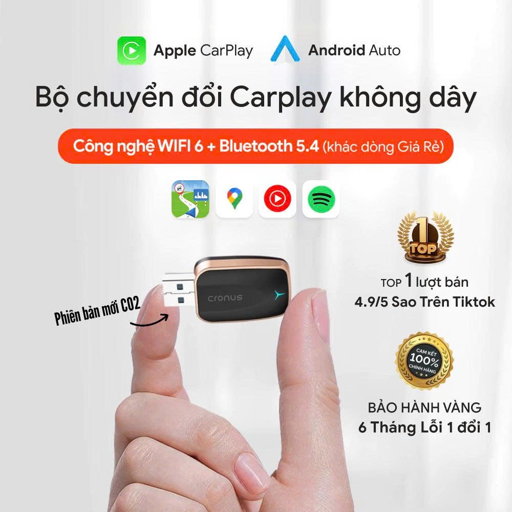 Bộ kết nối Carplay không dây Cronus, Apple Carplay & Android Auto, WIFI6+Bluetooth 5.4 BH 12 tháng