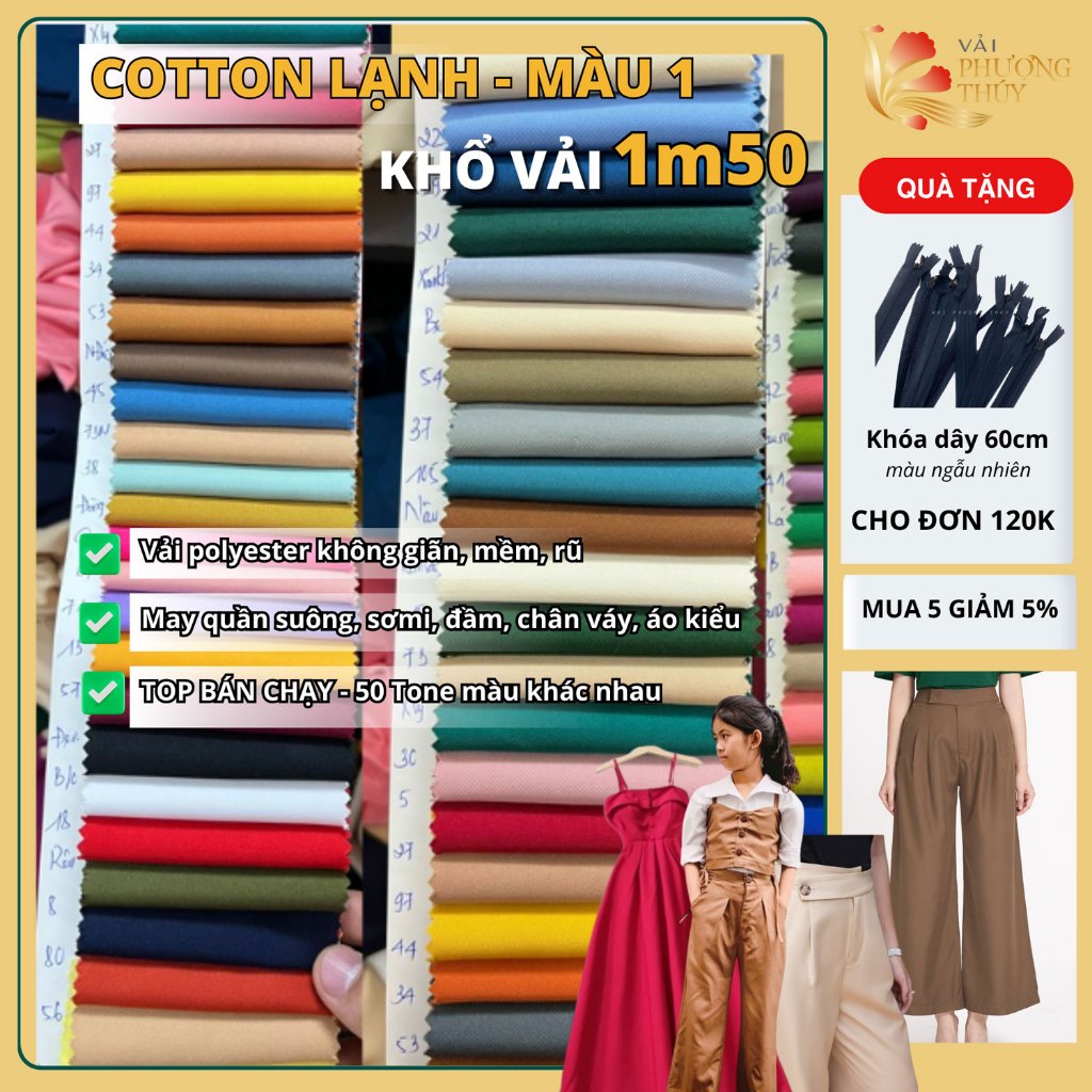 Vải Cotton lạnh Phượng Thúy may đầm váy, quần ống suông blazer mỏng, mềm mịn dòng vải trơn khổ 1m50