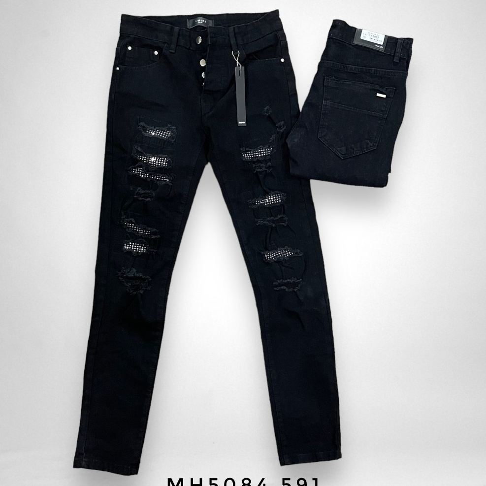 Quần Jean Nam Đen Đính Đá 4 Cúc A.mi.ri Vintage Quần jean nam Đen vá nhiều đá vá may chắc chắn xịn x
