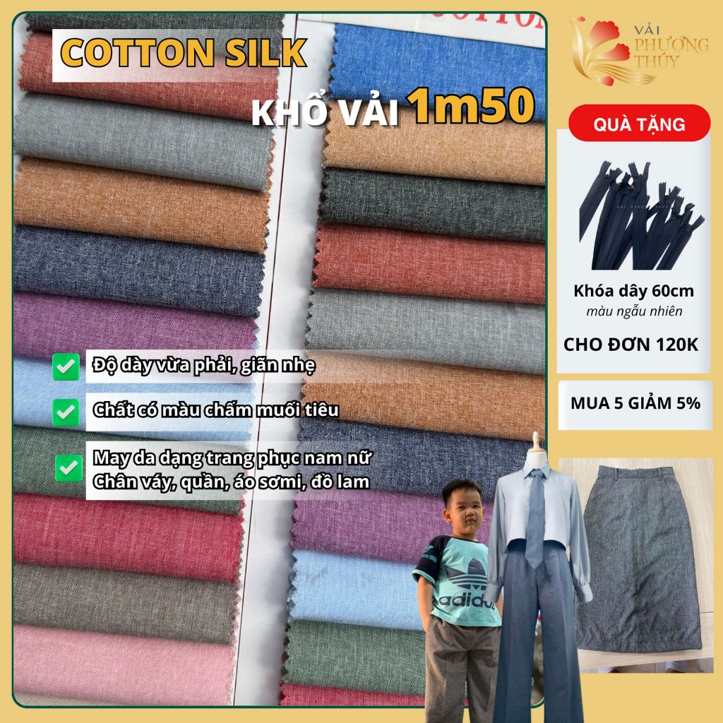 Vải lụa Cotton silk Phượng Thúy may đầm váy sơmi, chuyên thời trang nam nữ giãn nhẹ khổ 1m50