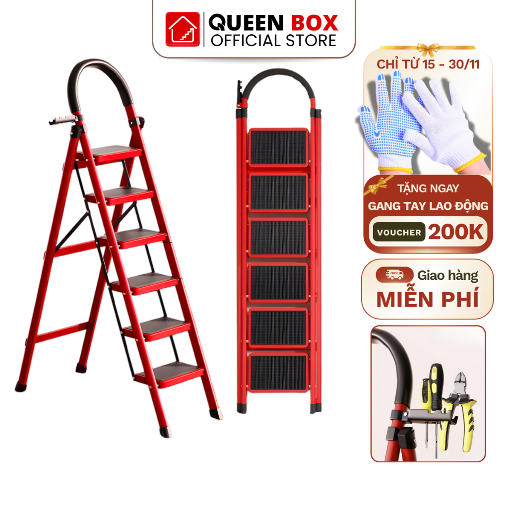 Thang chữ A gấp gọn, Thang ghế 3-6 bậc có tay vịn, chắc chắn, chịu tải lớn, bậc và chân chống trượt