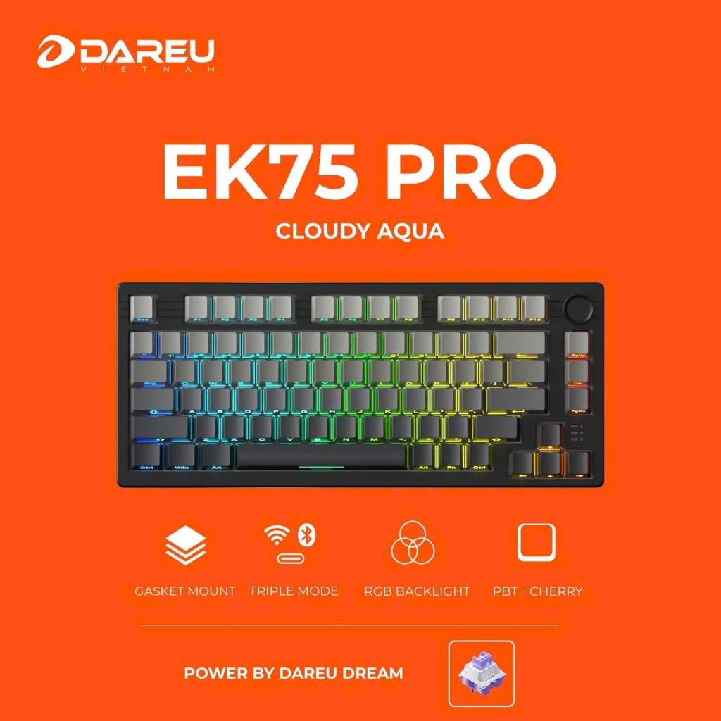 Bàn phím cơ DAREU EK75 PRO Cloudy Aqua (Triple Mode ,Hotswap, RGB,Keycaps Cherry profile) | BigBuy360 - bigbuy360.vn