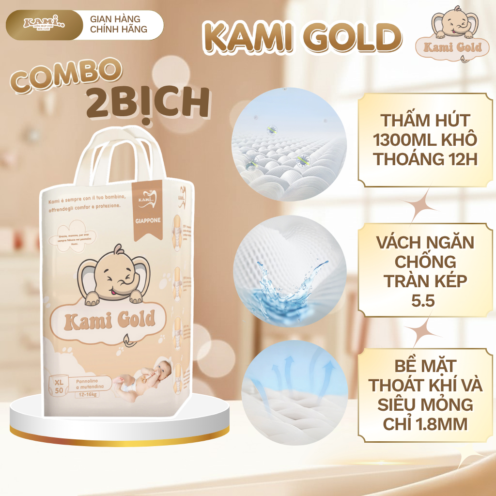 2 Bịch Tã Bỉm Kami Gold - Thấm Hút Đến 1300ml- Siêu mỏng- Mềm Mại -> Size NB70/S64/Md60/M56/L50/XL50