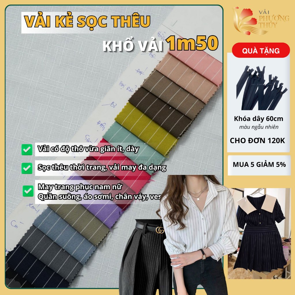 Vải kẻ sọc thêu Phượng Thúy khổ ngang 1m50 chuyên may sơmi quần tây, vest blazer thời trang nam nữ