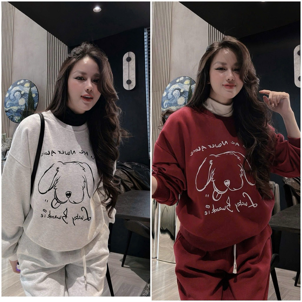 (ĐỒ CHO MẸ) - BỘ NỈ 2 DA IN HÌNH CÚN MẶC MÙA THU ĐÔNG