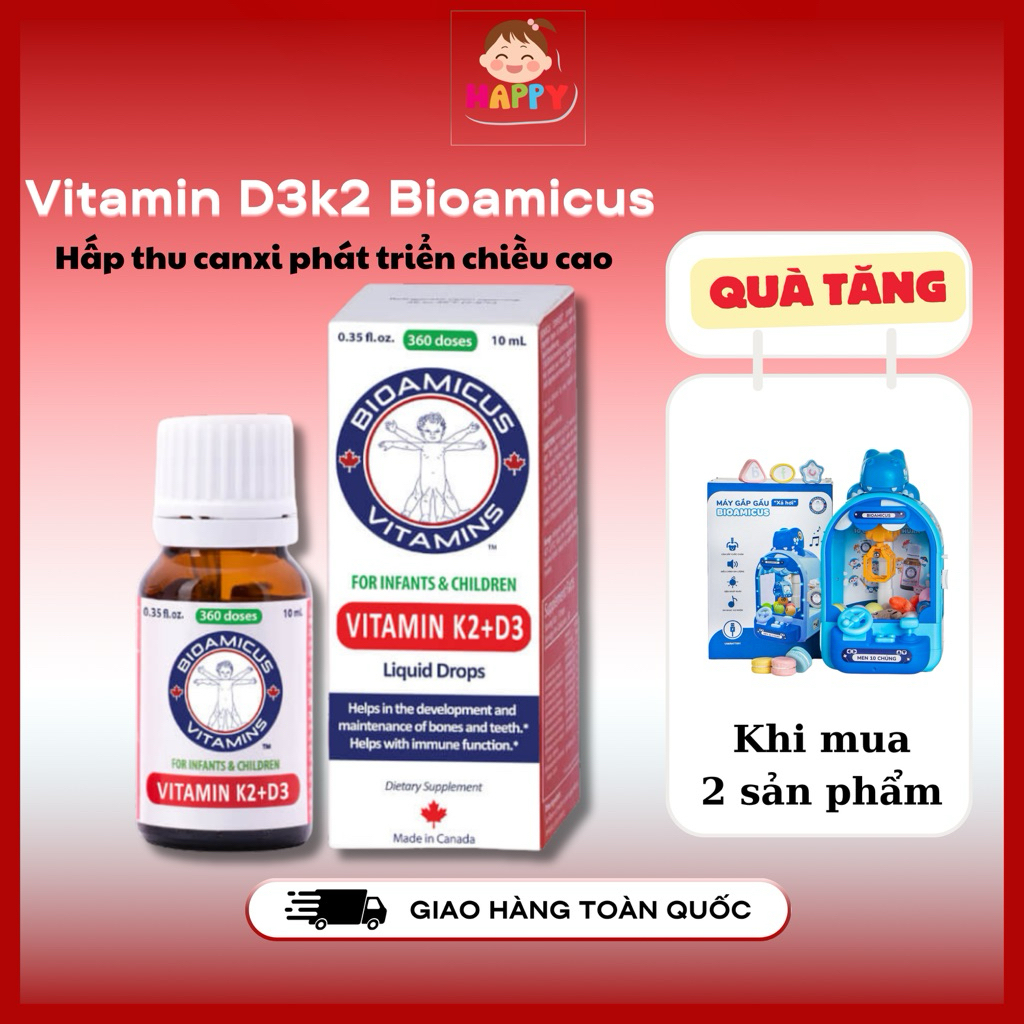 [Tặng quà] Vitamin D3k2 Bioamicus giúp hấp thu canxi bé cao lớn khỏe mạnh lọ 10ml