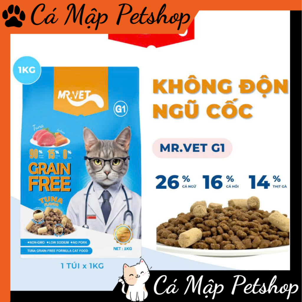 Hạt cho mèo Mr.Vet G1, Hạt Mr.Vet G1 cho mèo không độn ngũ cốc chăm sóc toàn diện