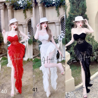  Đầm ren bèo quảy viển tà xẻ hông cao 