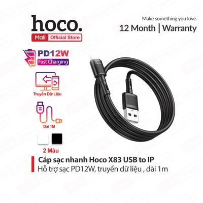 Cáp sạc nhanh PD12W X83 USB to IP Hoco hỗ trợ truyền dữ liệu dùng cho IP6/7/8/X/11/12/13/14, dây dẻo, dài 1m
