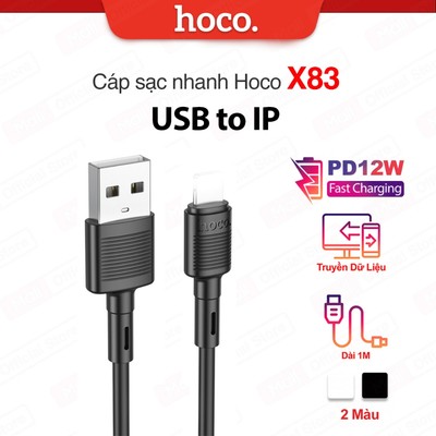 Cáp sạc nhanh PD12W Hoco X83 USB to IP hỗ trợ truyền dữ liệu dùng cho IP6/7/8/X/11/12/13/14, dây dẻo, dài 1m