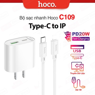 Bộ sạc nhanh Typec to IP PD20W 3.0A dùng cho ip11/12/13/14 Hoco C109 / C109A gồm 2 cổng sạc USB và Type-C, dài 1m