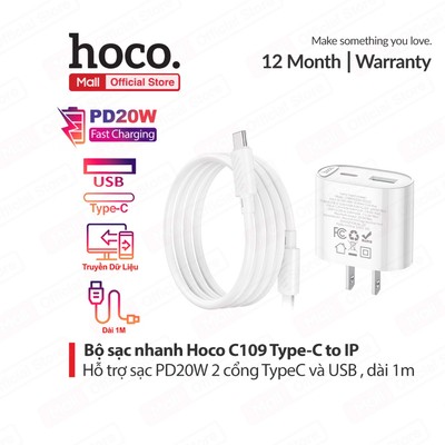 Bộ sạc nhanh Typec to IP PD20W 3.0A Hoco C109 / C109A  dùng cho ip11/12/13/14 gồm 2 cổng sạc USB và Type-C, dài 1m