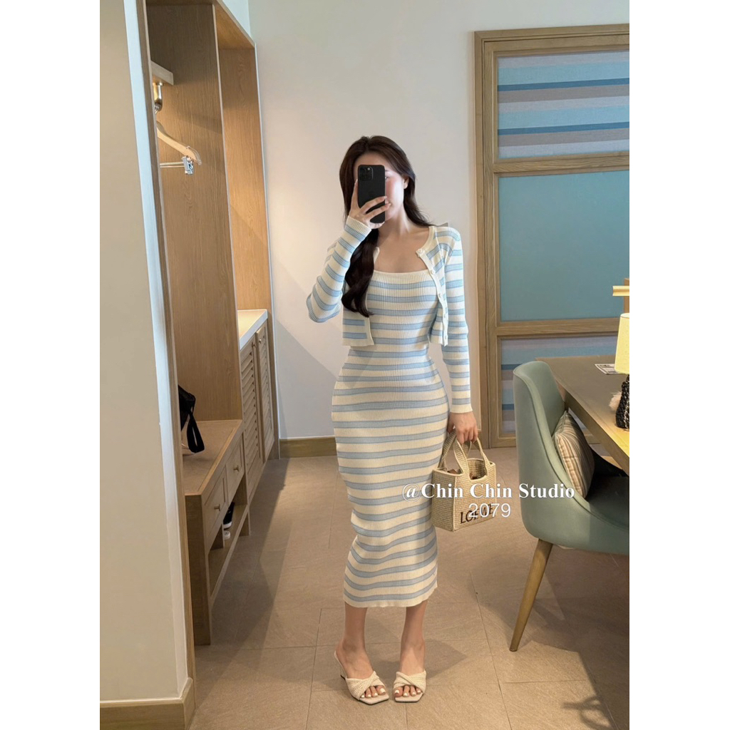 Set Váy 2s Body Len Kẻ Kèm Cadigan CHIN • Melanie Studio