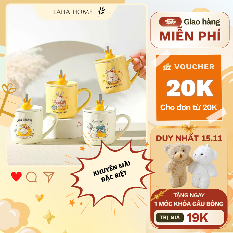 Cốc sứ Ly sứ  hình thỏ CHEESE có nắp và thìa  LAHA HOME – Ly uống nước, uống trà, cà phê, làm  hộp q