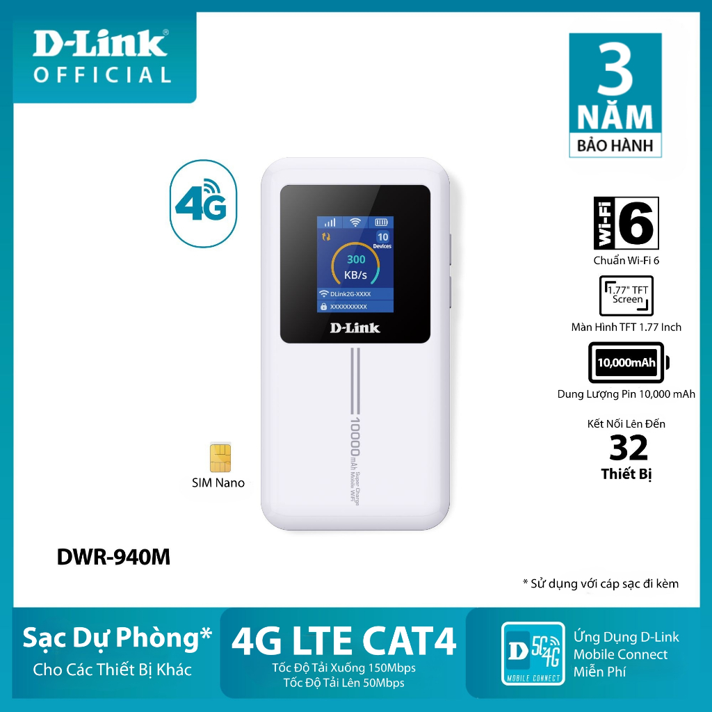 Bộ phát Wifi di động D-Link DWR-940M | 4G LTE CAT4 | MiFi Mobile Router WiFi Hotspot | 10000mAh