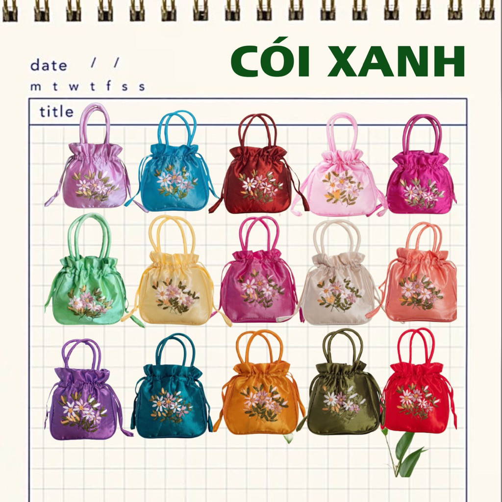 Túi lụa rút miệng thêu hoa size 20 xách tay đi chùa chụp ảnh Tết-Cói Xanh