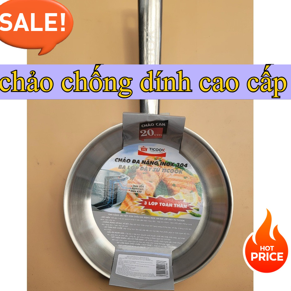 sản phẩm Chảo Inox 304 TICOOK, Chảo Cạn 3 Lớp Đáy Từ - Nhiều Kích Cỡ Lựa Chọn 24-32cm