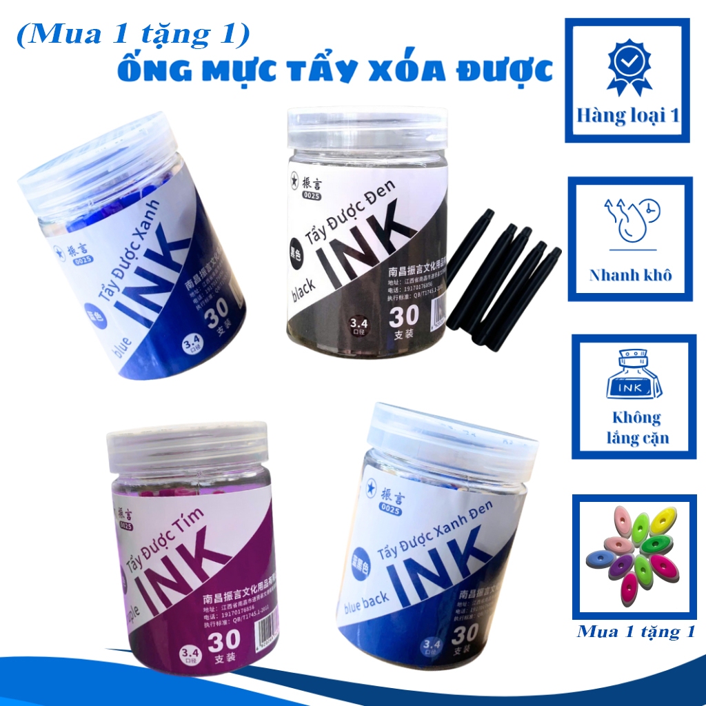 (Mua 1 tặng 1) Hộp 30 Ống Mực Bút Máy Xóa Được 3.4mm – Mực Viết Nhanh Khô, Không Lem, Chất Lượng Cao