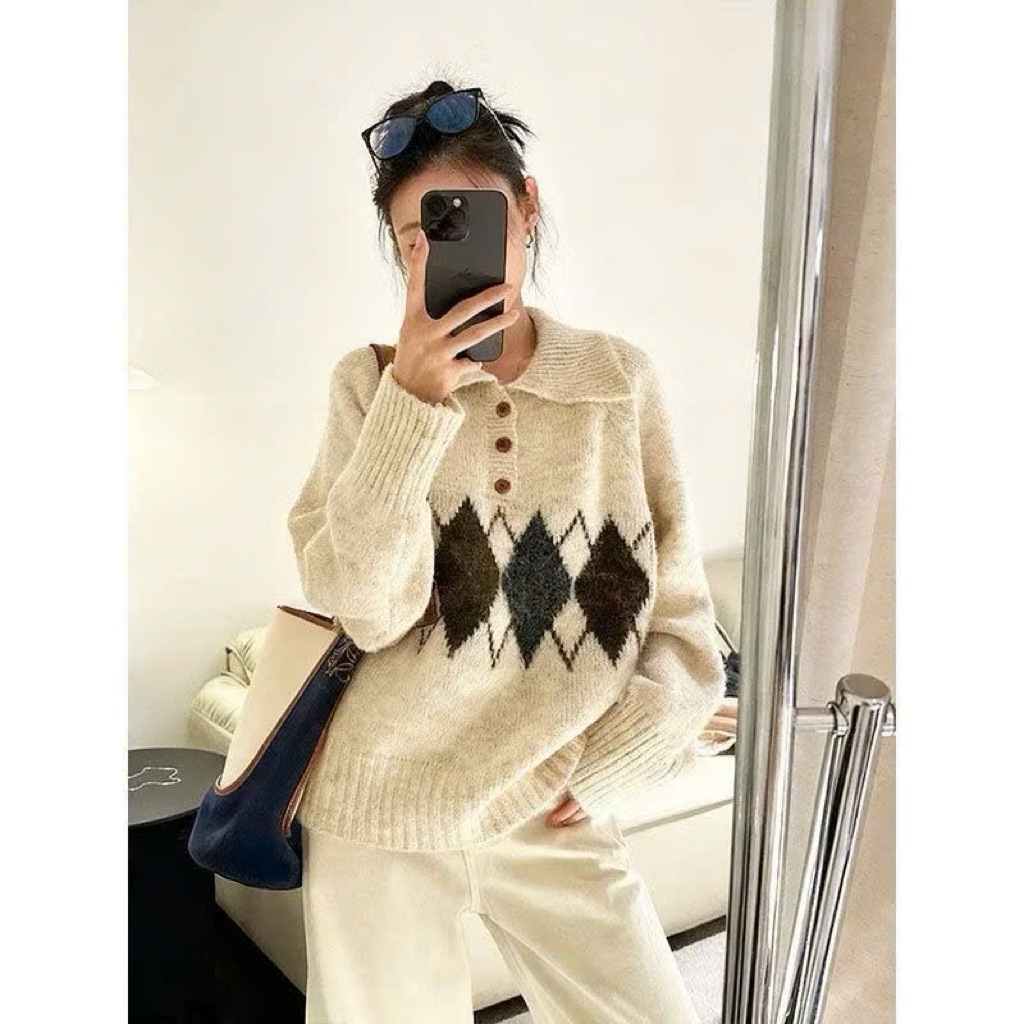 𝐆𝐢𝐚𝐧𝐠.𝐂𝐥𝐨𝐬𝐞𝐭- Áo len xù cổ bẻ hoạ tiết trám