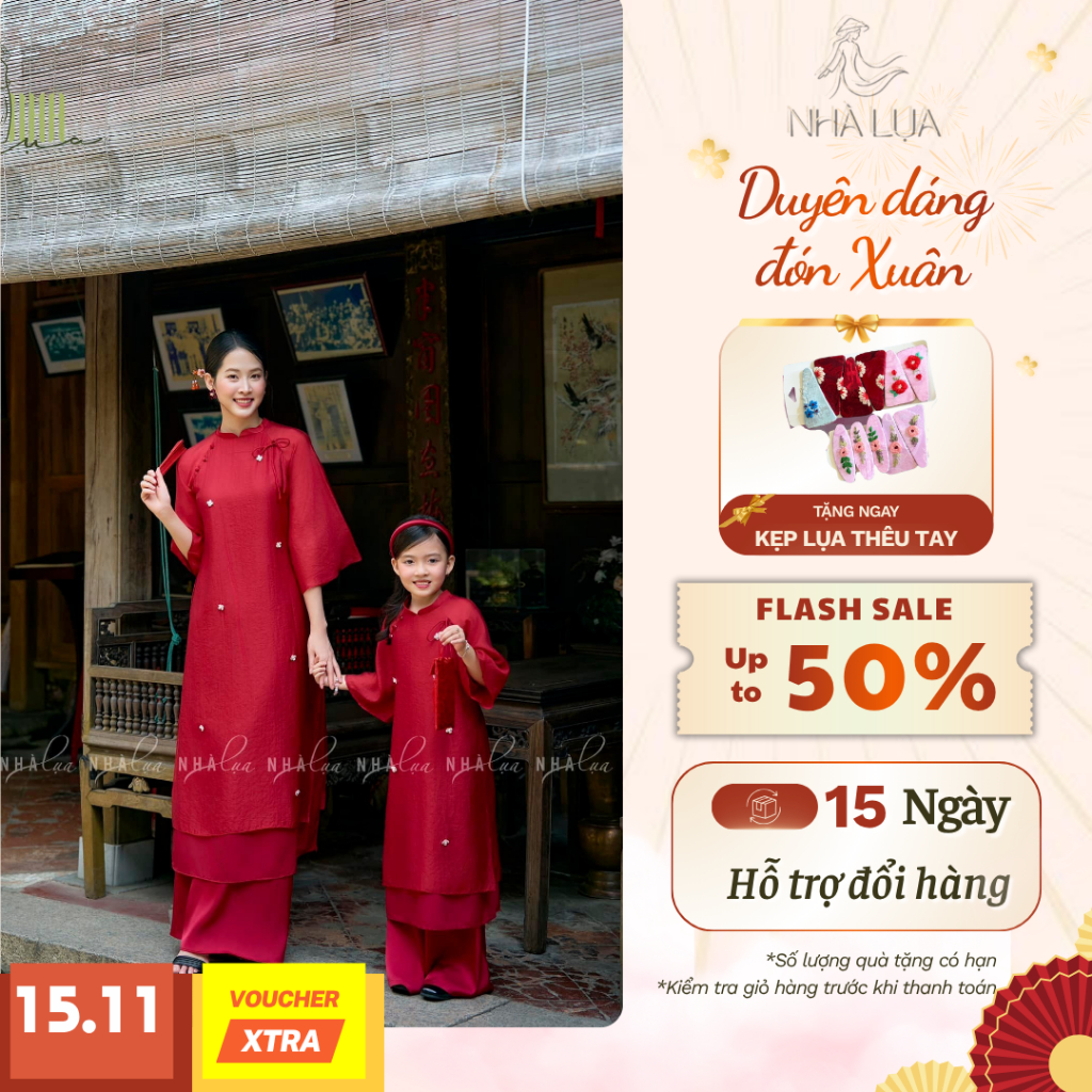  Áo dài cách tân mẹ bé Tâm Ý NHÀ LỤA vải tơ cao cấp lót lụa mềm lễ chùa đầu năm đi du xuân Tết 2026 