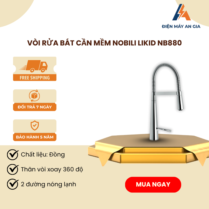 Vòi Rửa Bát Cần Mềm Nobili LIKID NB880 – 2 Đầu Xả – Chrome – Nhập Khẩu Ý – PEB
