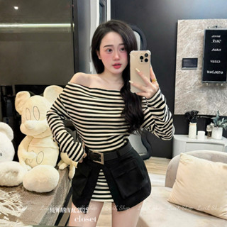  Set váy 3ct sọc áo trễ vai mix váy phối chân váy đen kèm đai sang chảnh hot trend thời trang thiết kế LuciK Shop DV0028 