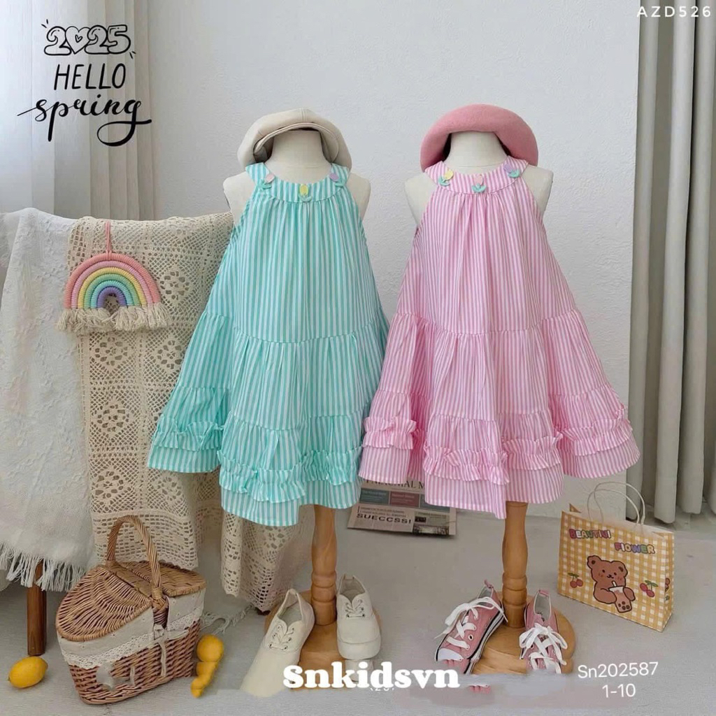 [CHACHA KID’S] C67 Váy dài cổ yếm kẻ xinh xắn cho bé gái (9-30kg)