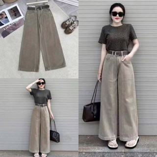  Quần bò suông nâu tây gân giữa gấu to cạp cao phom dáng chuẩn dễ phối đồ 
