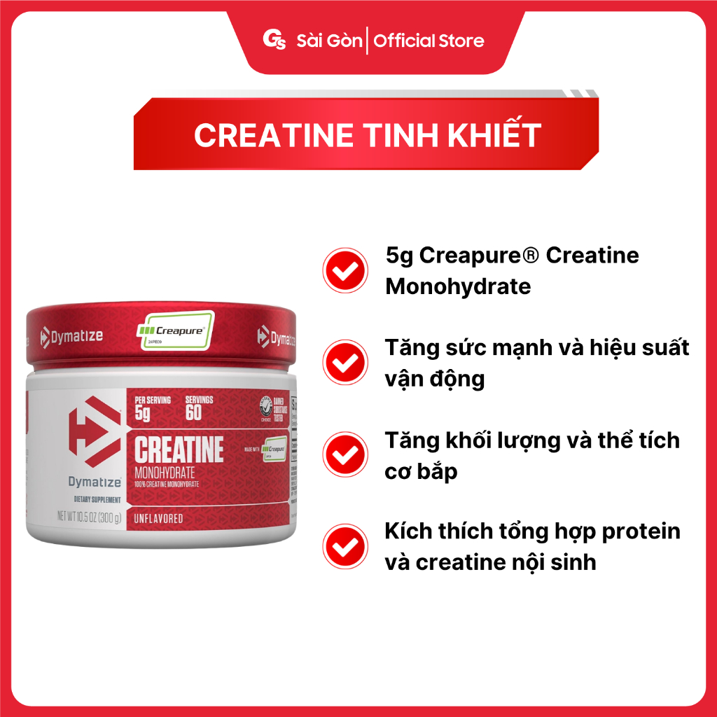Bột Dymatize Creatine Monohydrate with Creapure, giúp tăng sức mạnh và hiệu suất tập - Gymstore