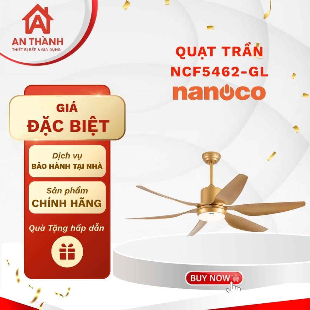 Quạt Trần Nanoco NCF5462-GL – 6 Cánh Màu Vàng Gold, Động Cơ DC Êm Ái, Remote Tiện Dụng