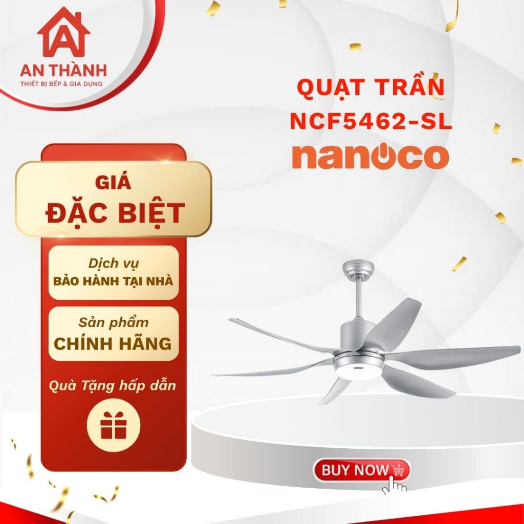 Quạt Trần Nanoco NCF5462-SL – 6 Cánh Màu Bạc, Động Cơ DC, kèm Remote